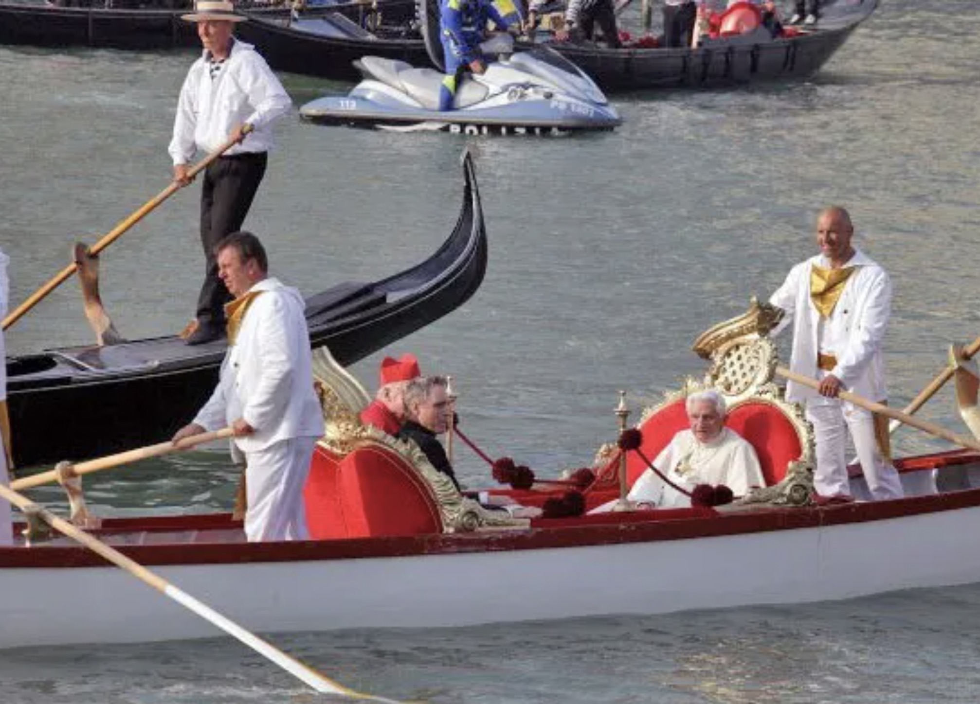 Pope Benedict XVI on his throne, on a boat 